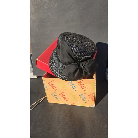 Vintage Hess Brothers Hat Cloche Fitted Womens Medium Black Straw Bow Box 60s - Picture 2 of 9
